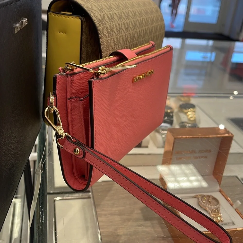 MICHAEL KORS LARGE DOUBLE ZIP WRISTLET WALLET PHONE CASE CLUTCH Tea Rose NWT
